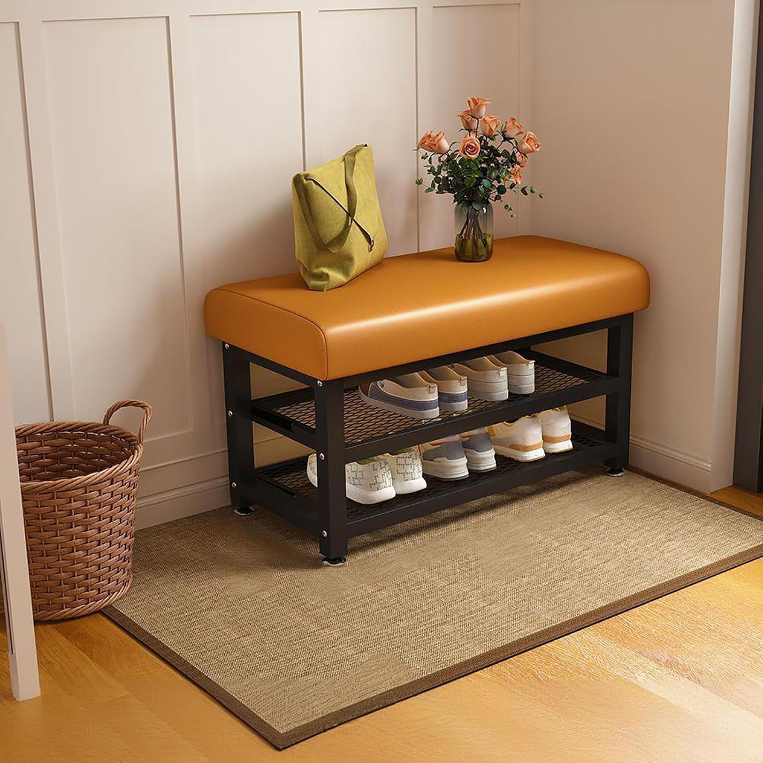 Metal Storage Bench, Upholstered Entryway, Double-Layer Footrest, Shoe Rack for Living Room, Balcony, Hallway (31.5in Width, ge)