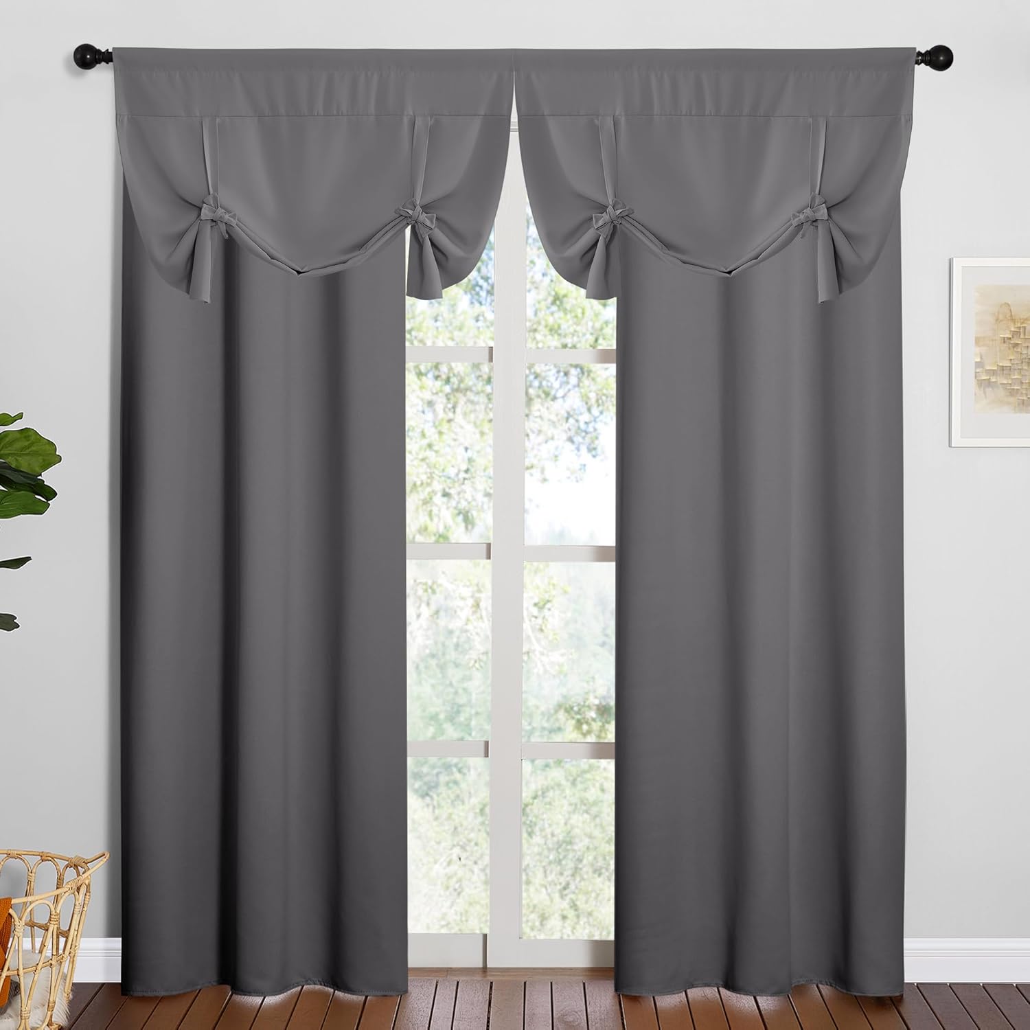 NICETOWN 1 Panel 46" x 63" Tie up Curtain with 2 Panles 42" x 80" Gromemt Blackout Curtains for Living Room Thermal Insulated Window Shade for Bedroom, Grey
