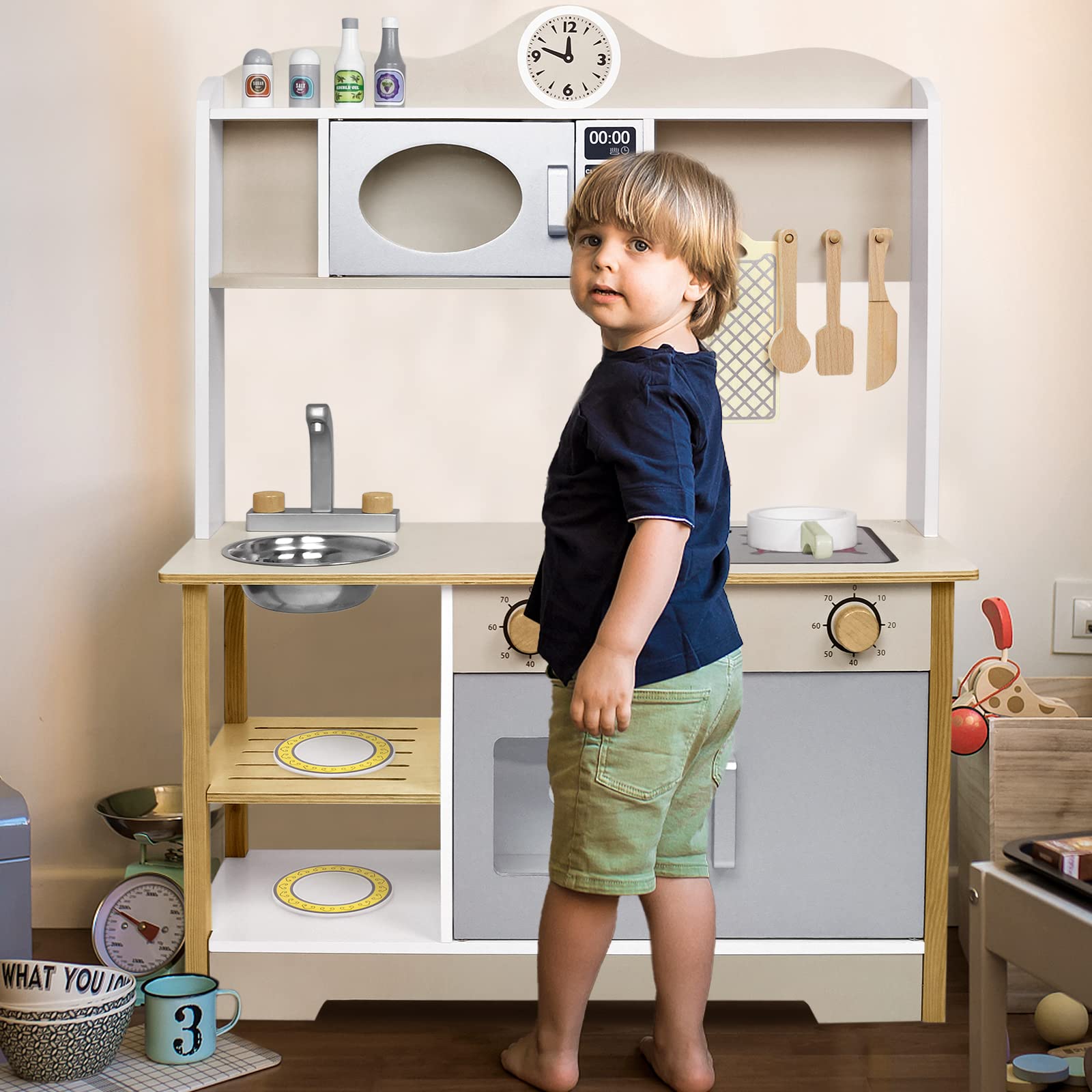 Spielküche Matschküche Holz Kinderküche, Küchenspielzeug für Kinder Küchenset mit Komplett Zubehör, 65x24x85cm (Typ A)