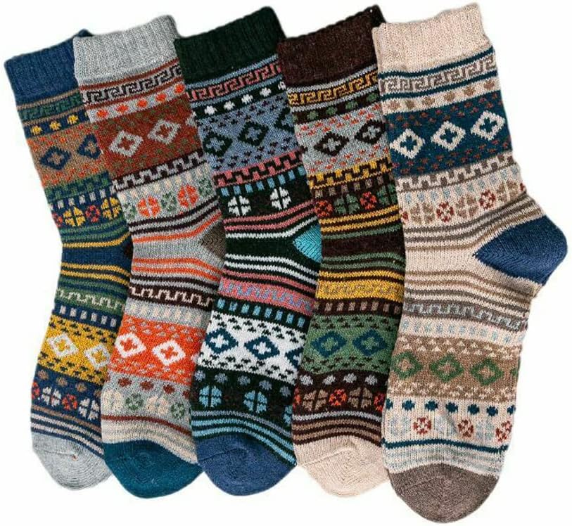 PONPY 5 Pairs Men Wool Socks Thick Knit Vintage Winter Warm Cozy Thermal Socks Gifts for Men Free Size