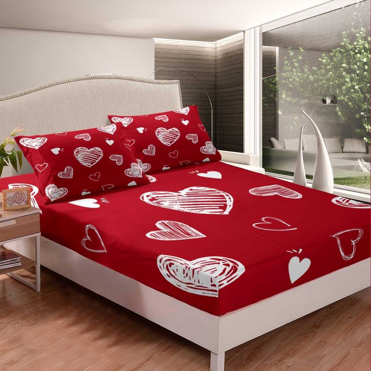 Erosebridal Love Hearts Full Bedding Set,Romantic Love Bed Sheets,Red and White Heart Fitted Sheet for Couple Women Aesthetic,Cartoon White Sketch Lines Style Bedding Decor Set