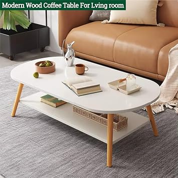 Modern Coffee Table for Living Room,Solid Wood Coffee Table with Storage Shelf,Oval Center Table Wooden Accent Cocktail End Table for Home Office Small Apartment(31.5 W, Brown)