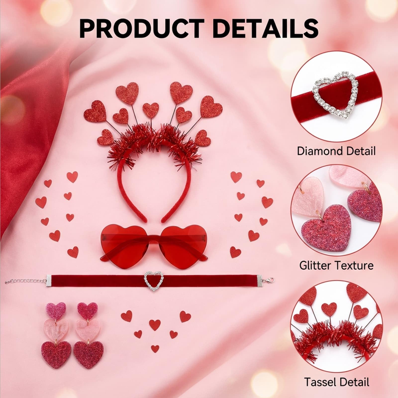 CLDURHGE Heart Shaped Sunglasses Accessories Set, 1 Pair Adult Red Glasses, Headband, Earrings, Face Stickers & Choker - Image 3