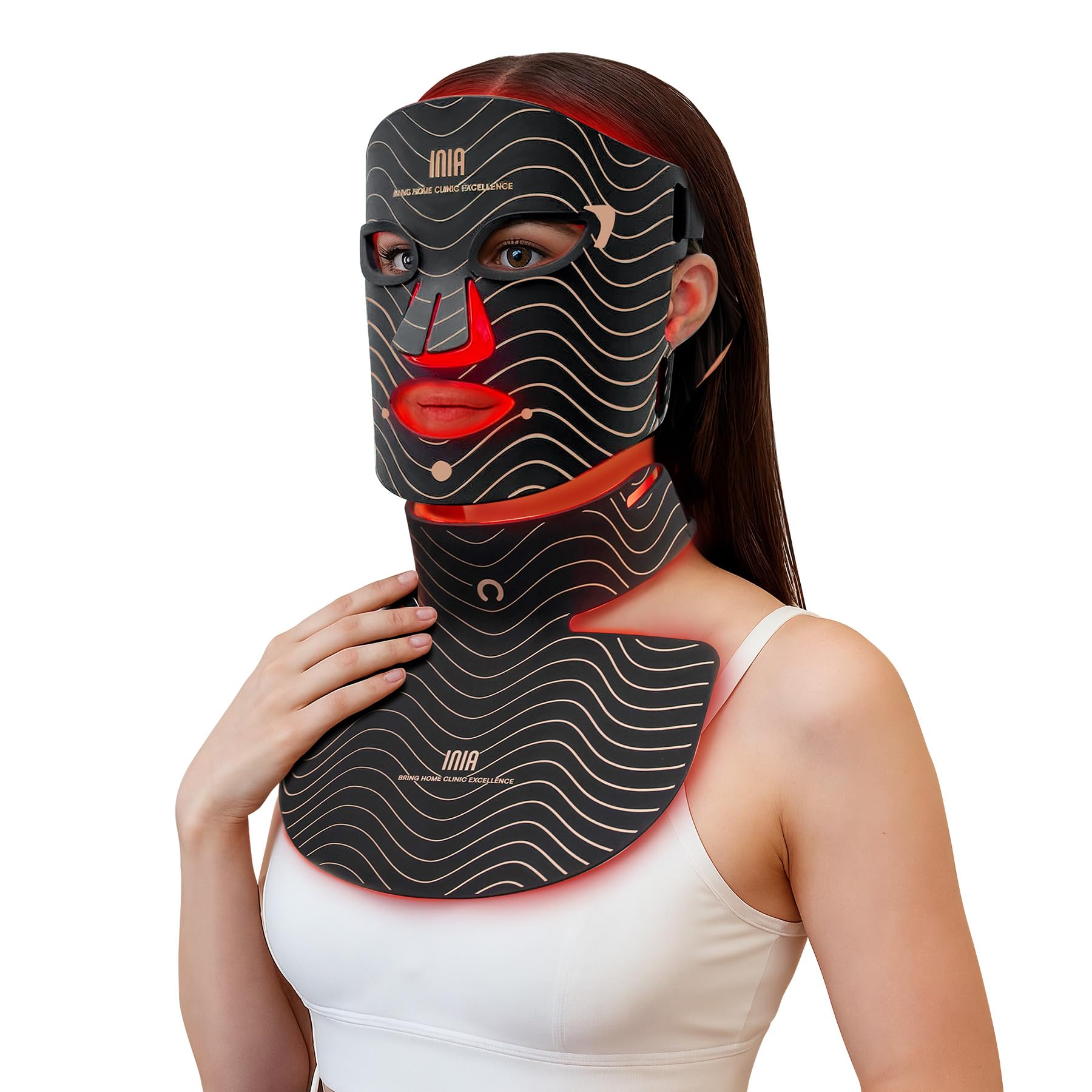 INIA GLOW Máscara LED Facial y Cuello, Luz Roja, Amarilla y Azul, 4 Modos | Cobertura total rostro y cuello, Batería recargable, Temporizador 10–30 min, Apagado automático, Rutina cuidado en casa
