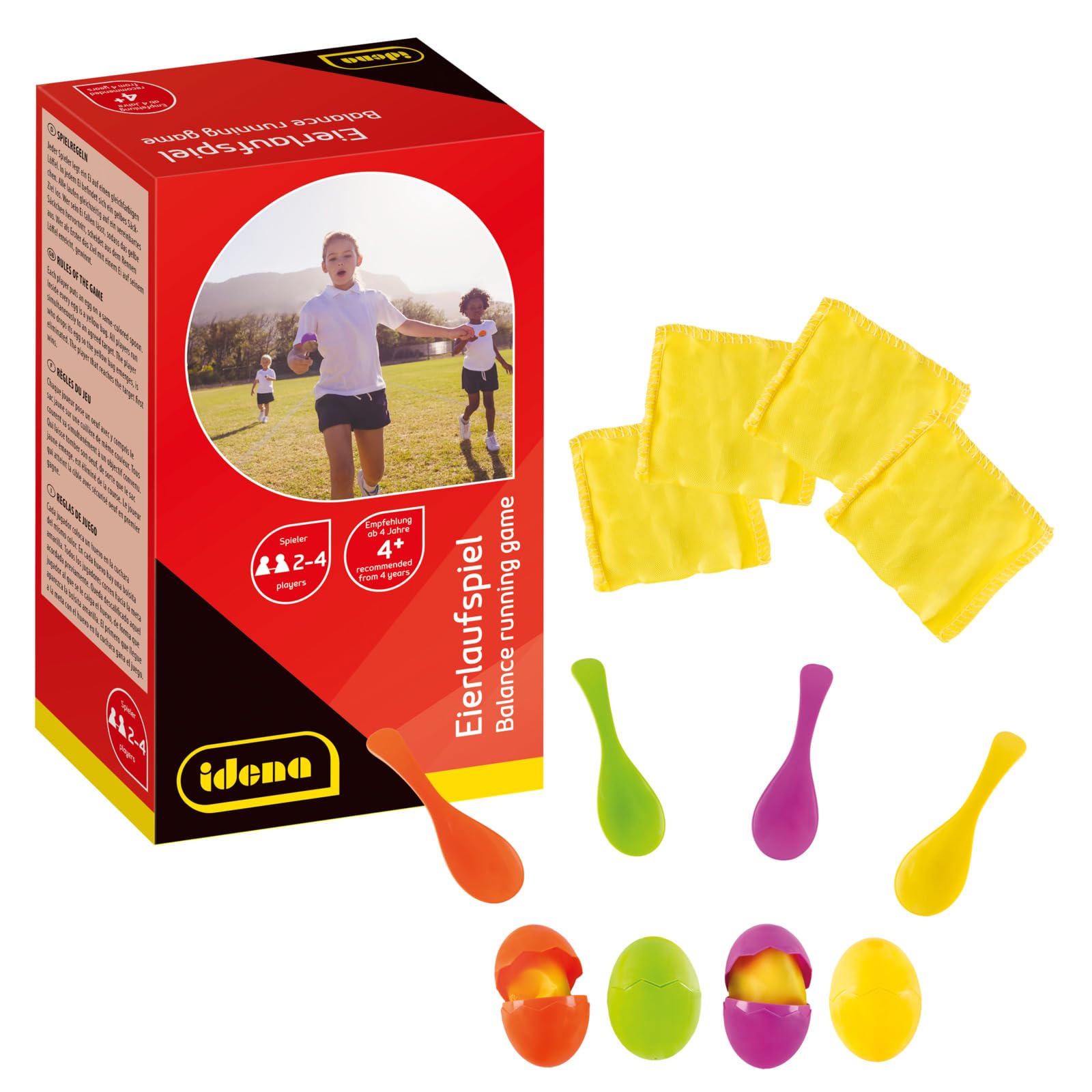 Idena 40074 - Egg and Spoon Race Kit with Yolk, Sandbags, Multicolored