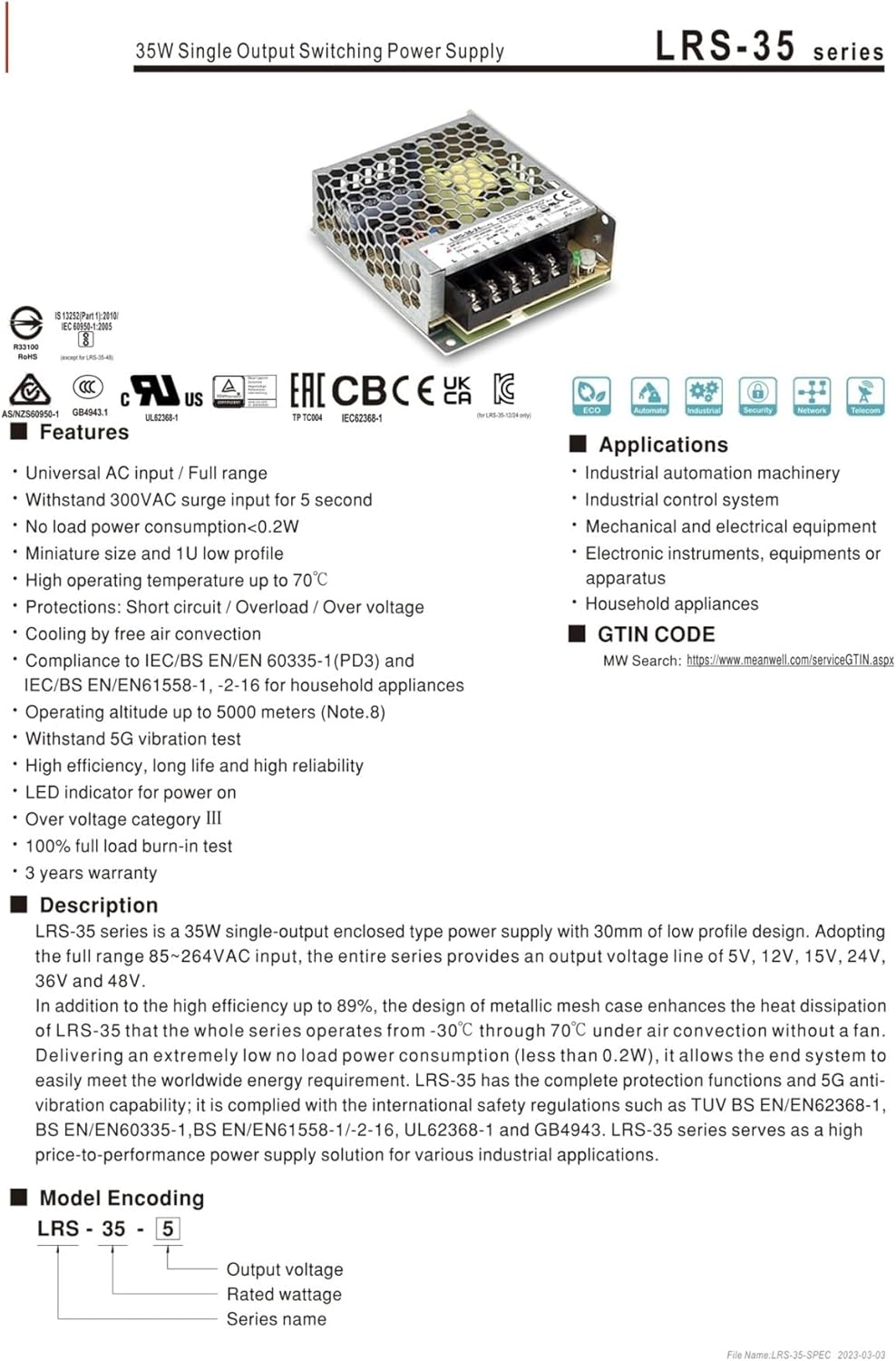 LRS-35 Series 35W Single Output Switching Power Supply 5V 12V 15V 24V 36V 48V(LRS-35-48)