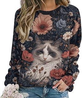 Spatofa Womens novelty funny cat printed crewneck sweatshirt casual loose long sleeve graphic pullover sweatshirts tops