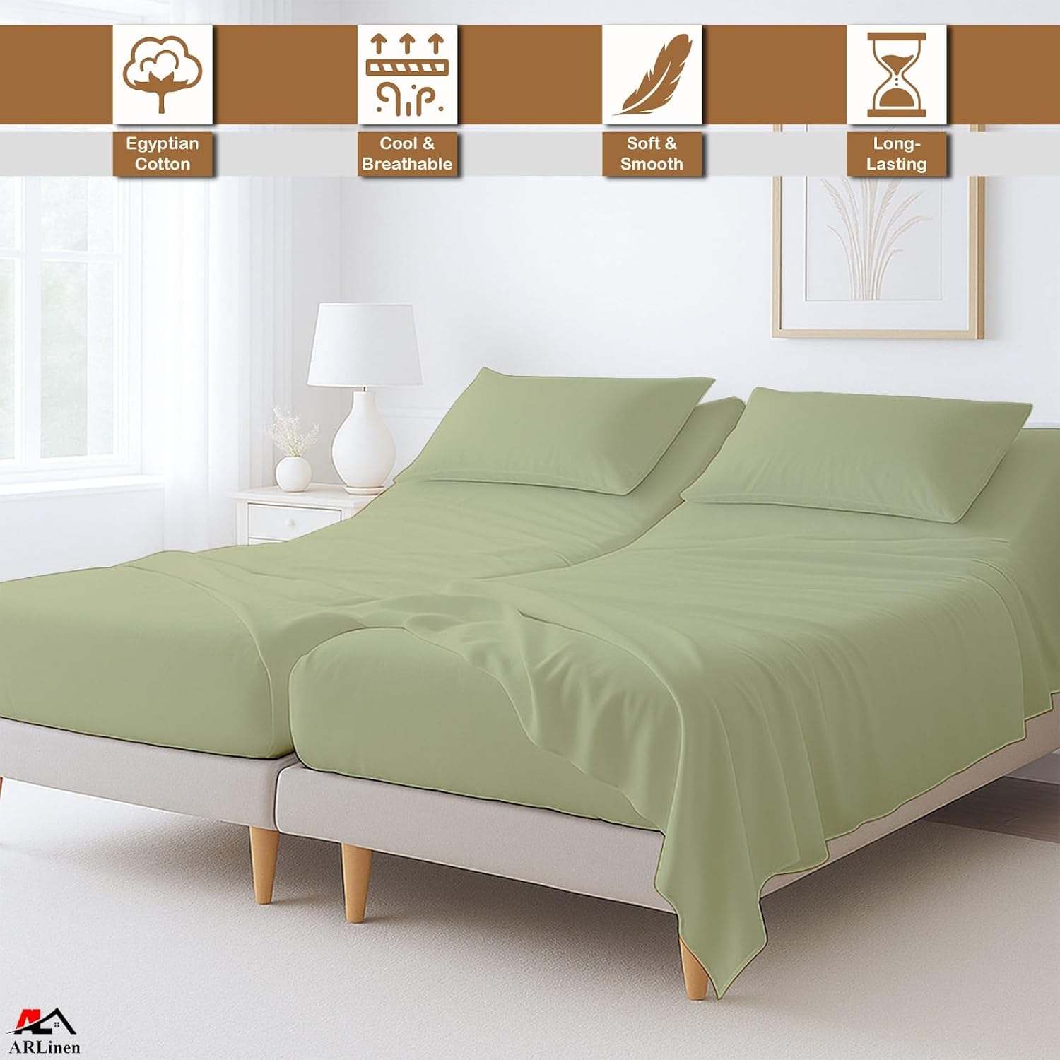 ARlinen Split Queen Sheet Set - 5 Piece 100% Egyptian Cotton Sheets for Adjustable Beds, Deep Pocket up to 16", Sage Bed Sheets Set