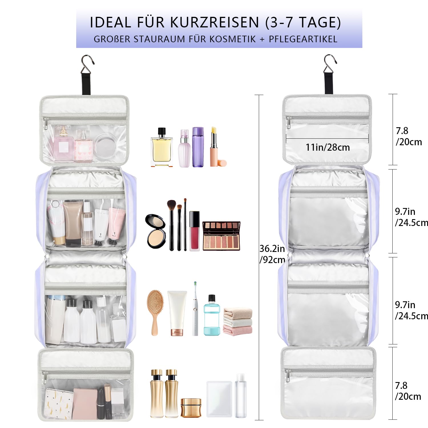 Kulturtasche zum Aufhängen, wasserdichte Kosmetiktasche Damen Toiletry Bag Reise Waschtasche Transparent für Mädchen Kulturtaschen