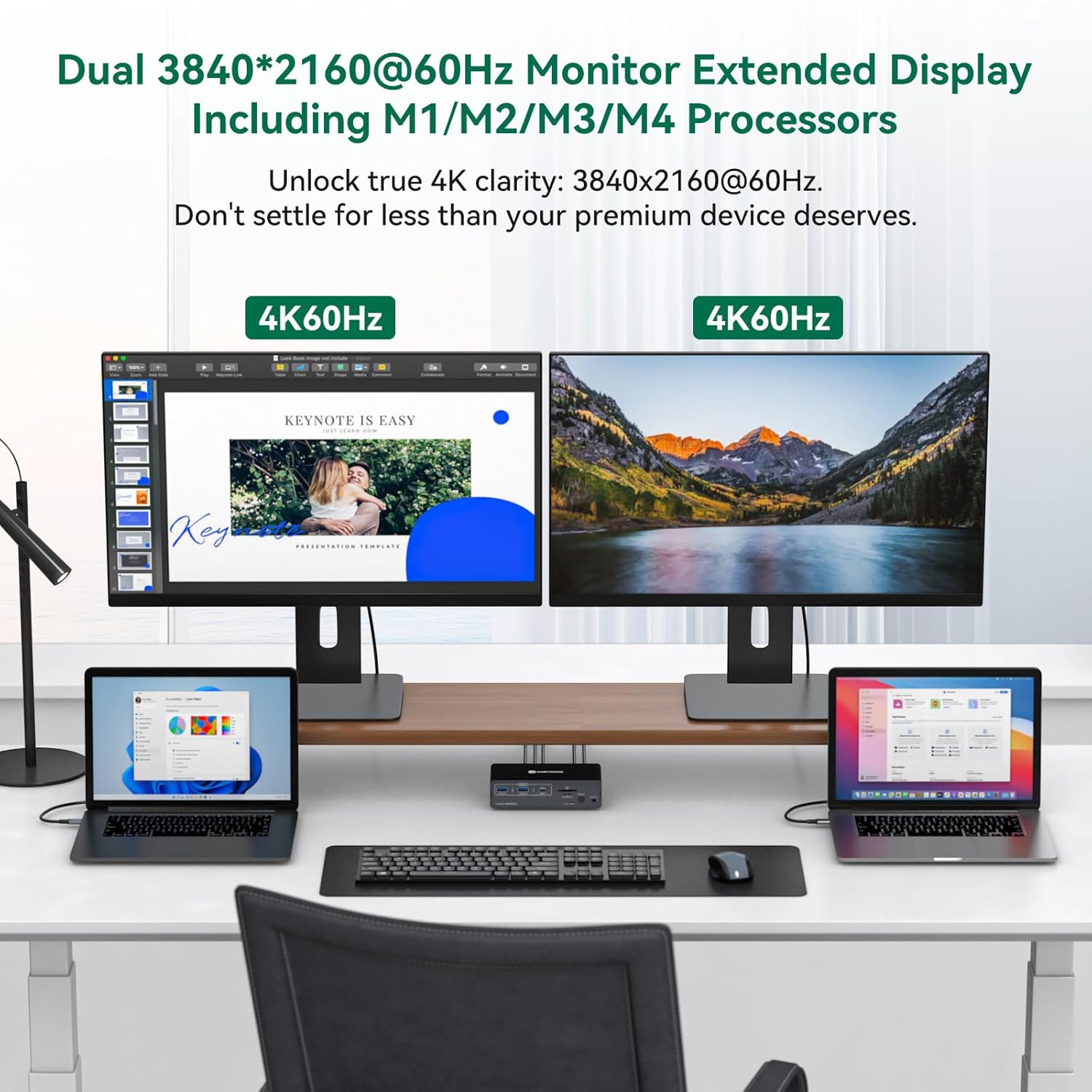 Dual 4K@60Hz extended display setup with two laptops and two monitors