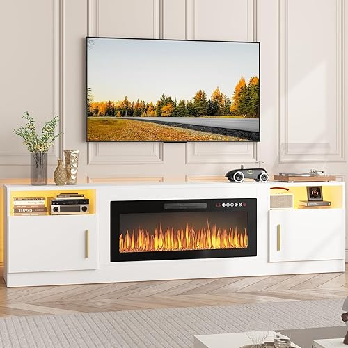 Miniatura 66 de PUKAMI Soporte de TV con chimenea de 18 pulgadas para sala de estar, centro de entretenimiento de 58 pulgadas con luces para patas, armario moderno