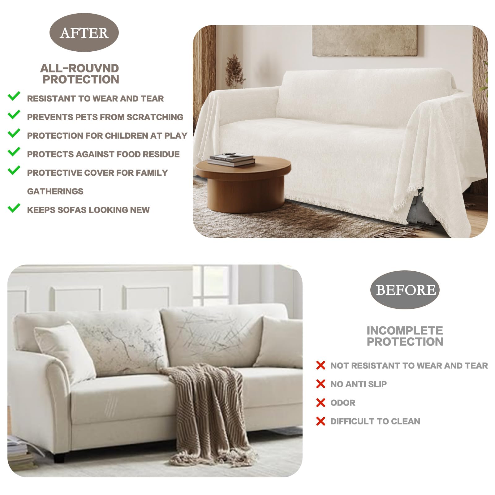 BellaHills Ciniglia Copridivano 3 Posti con Penisola Ciniglia, Nuovo Fodera per Divano Antiscivolo Antimacchia, Telo Copridivano con Braccioli Graffi Gatto (Beige, 180230 cm x 180279 cm)