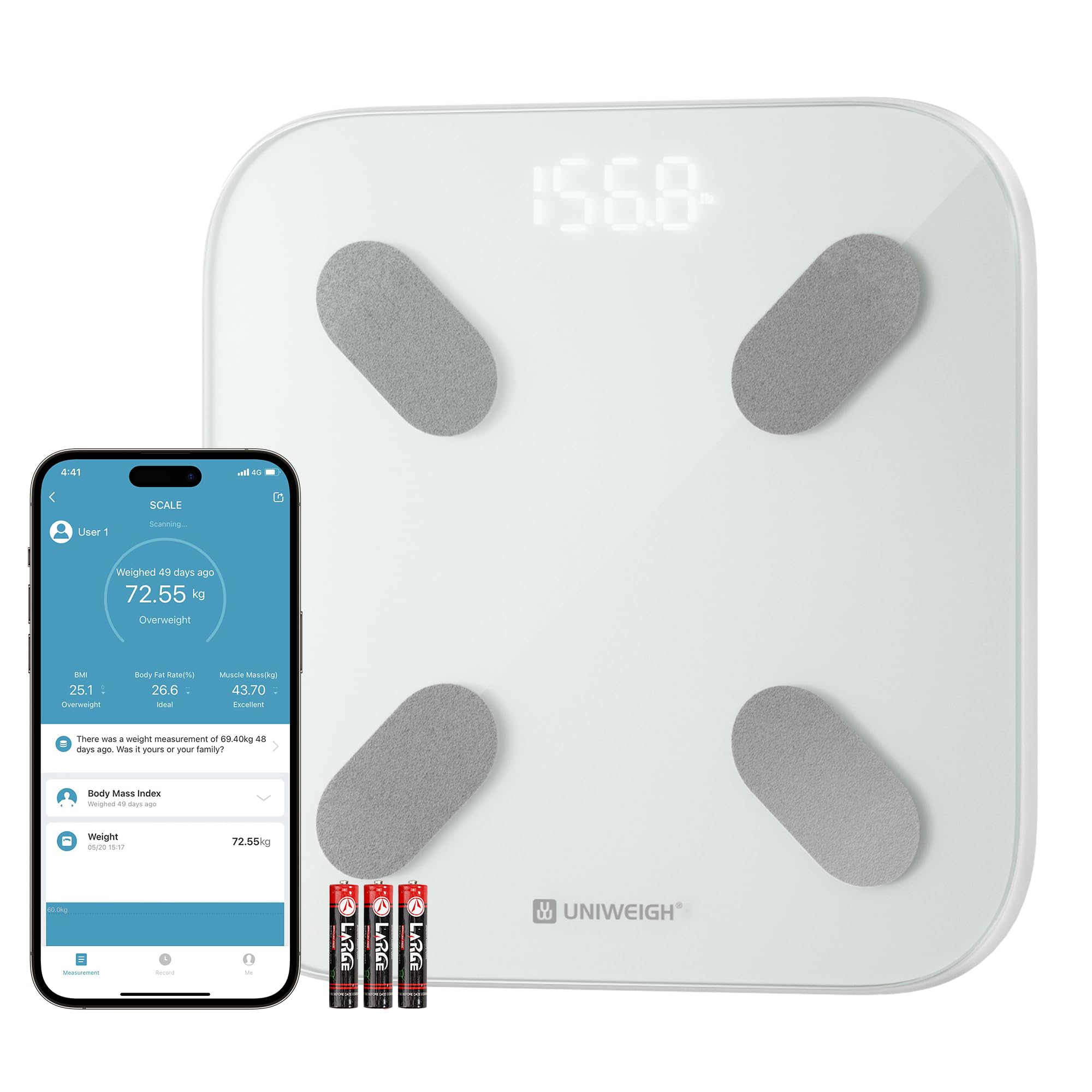 UNIWEIGH Balance intelligente pour le poids corporel,Balance de graisse corporelle Bluetooth pour salle de bain Moniteurs de composition avec APP,Analyseur pour IMC,masse musculaire,protéine,Max 400lb