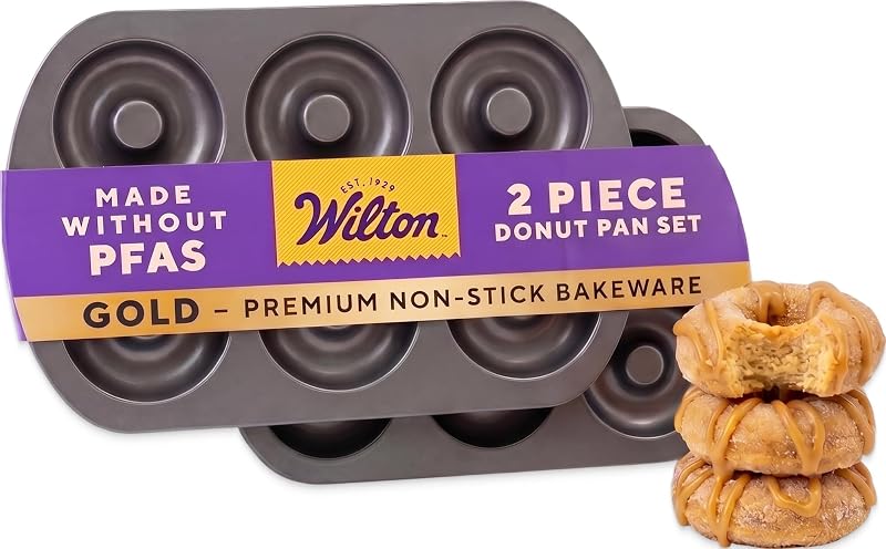Gold Non-Stick Donut Pan Set, Made Without PFAS, 2-Piece | Non-Stick Steel with Scratch-Resistant Coating, Resists Warping, Dishwasher Safe, Perfect for Homemade Baked Donuts