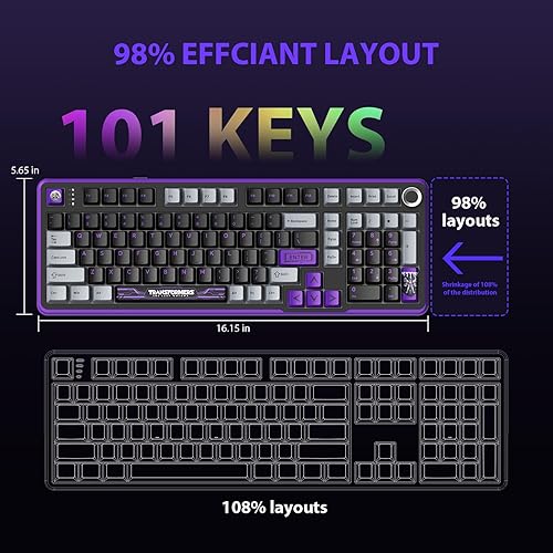 Miniatura 7 de Transformers GK01 Teclado mecánico inalámbrico con perilla, 101 teclas RGB cremoso teclado para juegos, BT5.0USB-C2.4GHz, interruptores lineales
