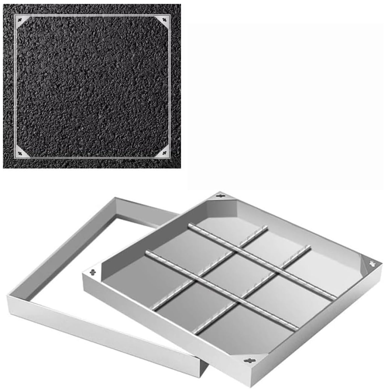 Coperchio e Telaio per pozzetto di ispezione Quadrato Incassato, in Acciaio Inox, per vialetti e Aree pavimentate.