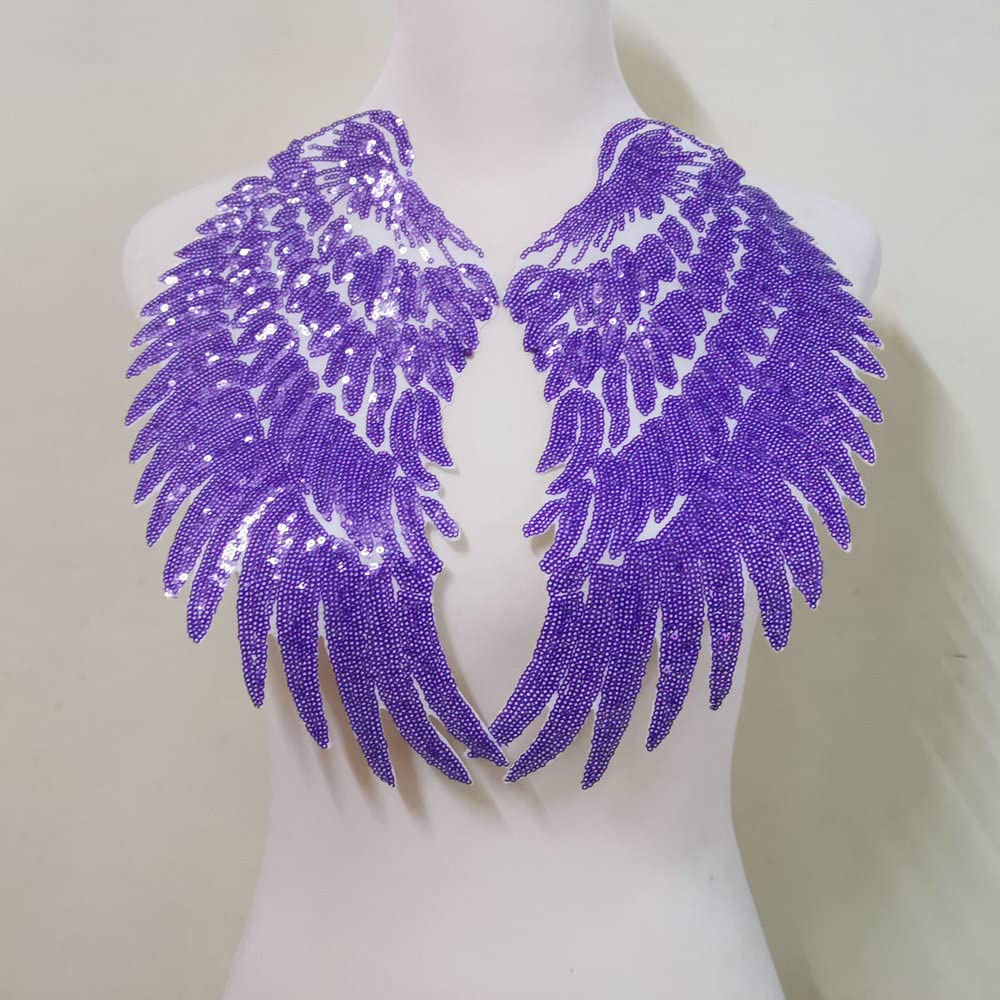 1Pair Fashion Gold/Silver Angel Wings Sequins Patches for Clothing Iron-on Embroidered Patch Motif Applique DIY Xmas Accessories(Dark Purple)