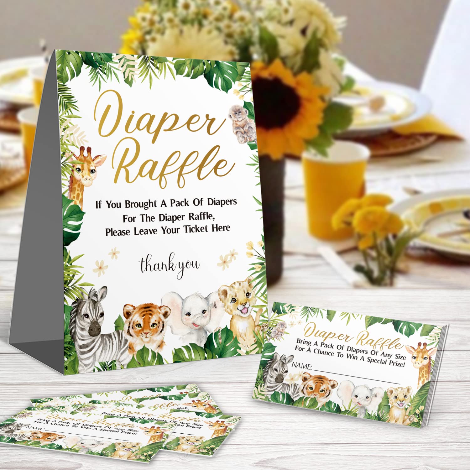 Safari Jungle Diaper Raffle Game Cards For Baby Shower – 50 Tickets + Standing Sign | Zoo Animal Party Game