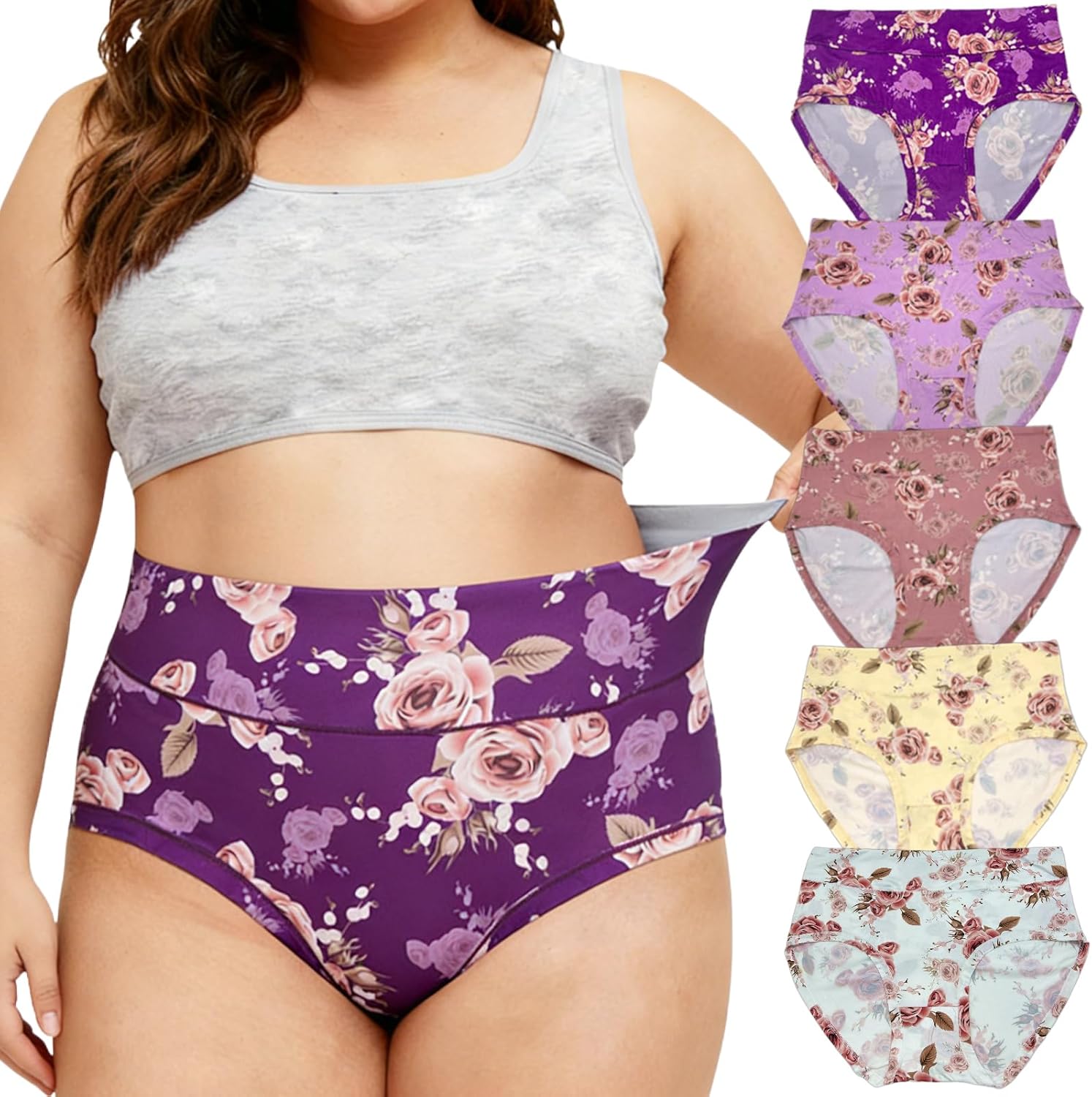 Feihtl Women's Briefs Underwear Plus Size Panties Floral Print 5 Pack Briefs Plus Underwear Ladies Panty Multipack