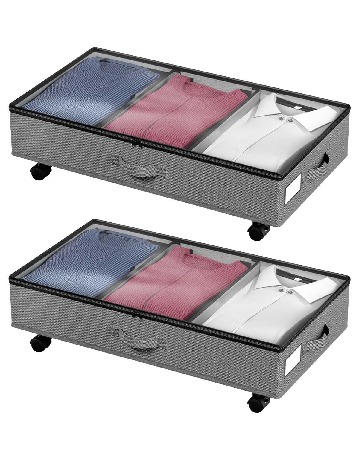 MOXTOYU 2 Pack Underbed Storage, Under Bed Storage on Wheels & Transparent lid, Moisture-Proof, Dustproof, Under Bed Storage Bag with Zip, Under-Bed Storage for Clothes, Blankets, Shoes, Toys, Grey