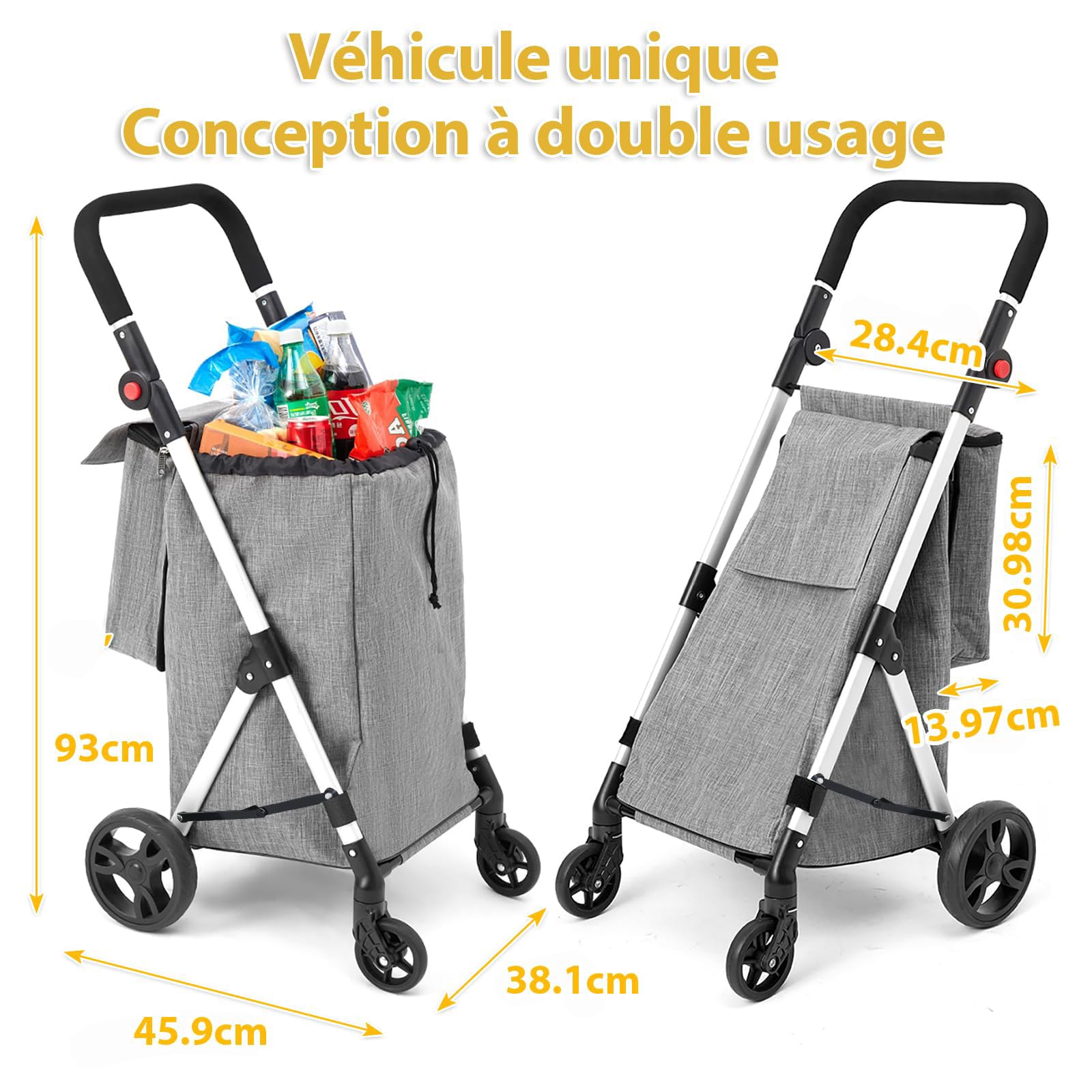Chariot de Courses, 46L Chariot de Courses 4 Roues, avec Sac Isotherme, Poignées Réglables, Pliable, léger en Aluminium (Gris)
