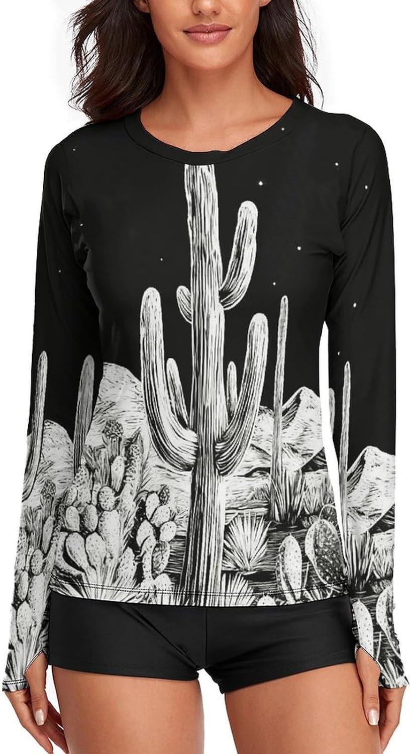 Desert Cactus Rash Guard for Women UPF 50+ UV Sun Protection | Long Sleeve Workout Top Quick Dry Athletic Hiking Shirt Moisture Wicking Swim Shirt for Running, Cycling, Swimming
