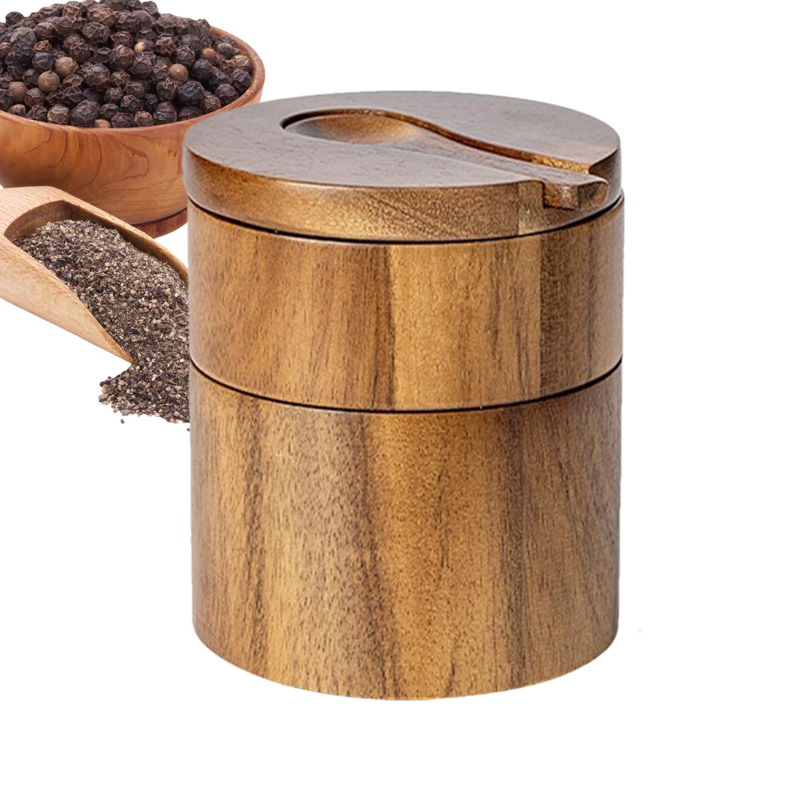 Portasale rotondo in legno con coperchio e cucchiaio, adorabile contenitore per sale e pepe a doppio strato, in legno naturale, per organizzare condimenti sul piano di lavoro della cucina, marrone