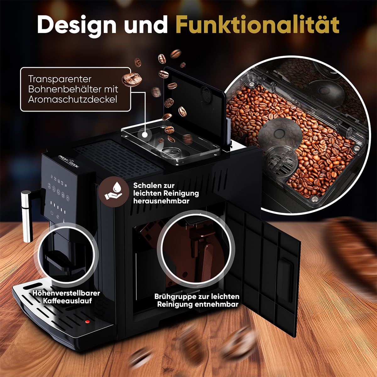 ProfiCook® Kaffeevollautomat mit Milchaufschäumdüse für Cappuccino | Kegelmahlwerk | mit Vorwärmfunktion für Tassen | italienische Profi-Pumpe | Touch-Display | Kaffeemaschine | PC KAV 1281