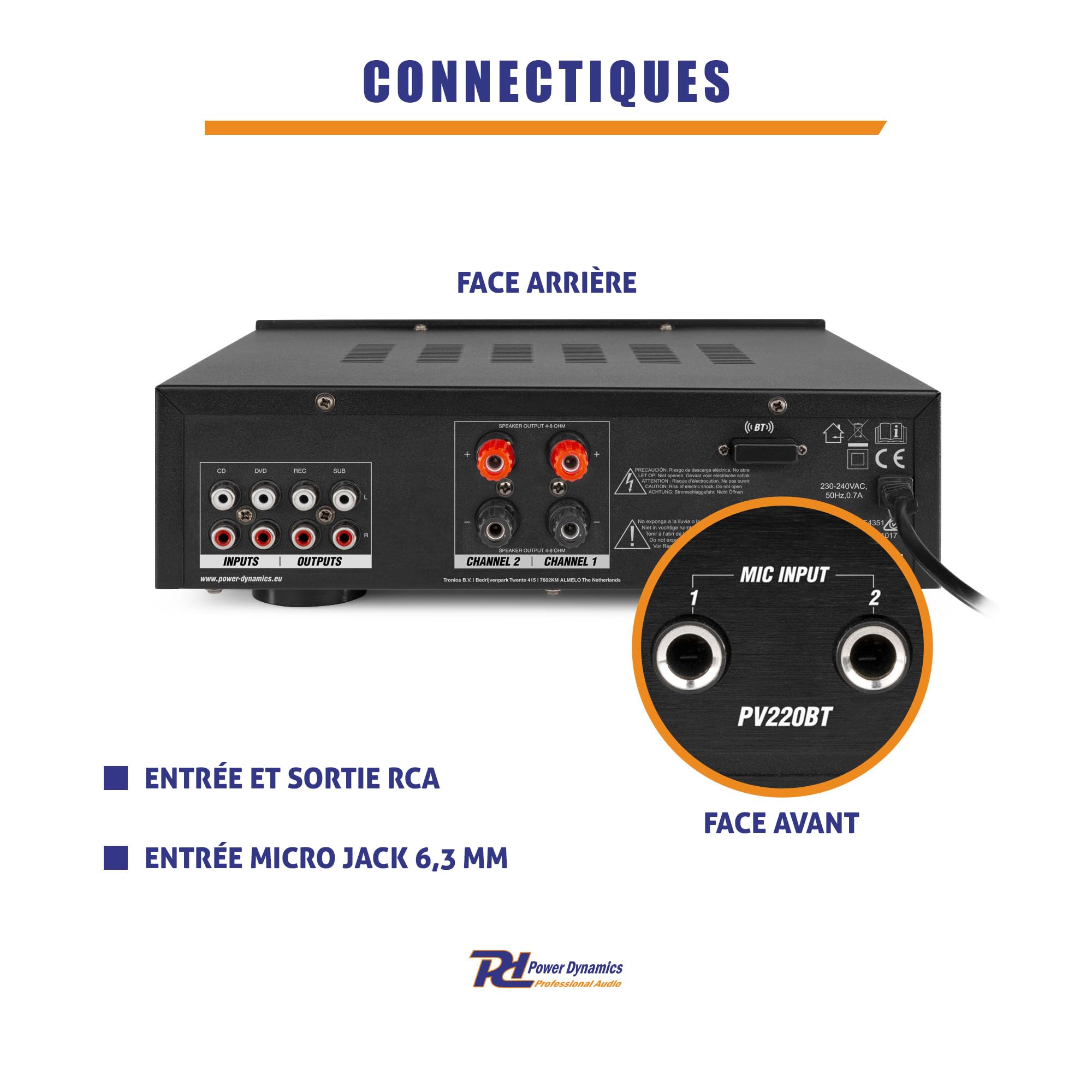 Power Dynamics PV220BT Amplificateur Audio Bluetooth 2x100W 2 Zones Lecteur MP3 USB/SD Radio FM Entrées RCA AUX Télécommande