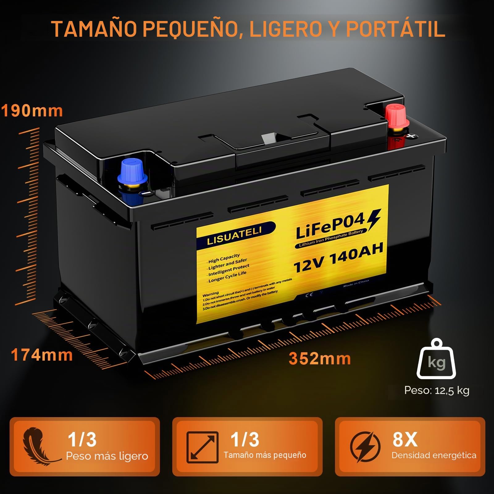 Batería LiFePO4 12 V 140 Ah H190 Bluetooth 150 A BMS, protección contra bajas temperaturas, batería de litio de 8000 ciclos, perfecta para caravanas, instalaciones solares, marinas, caravanas