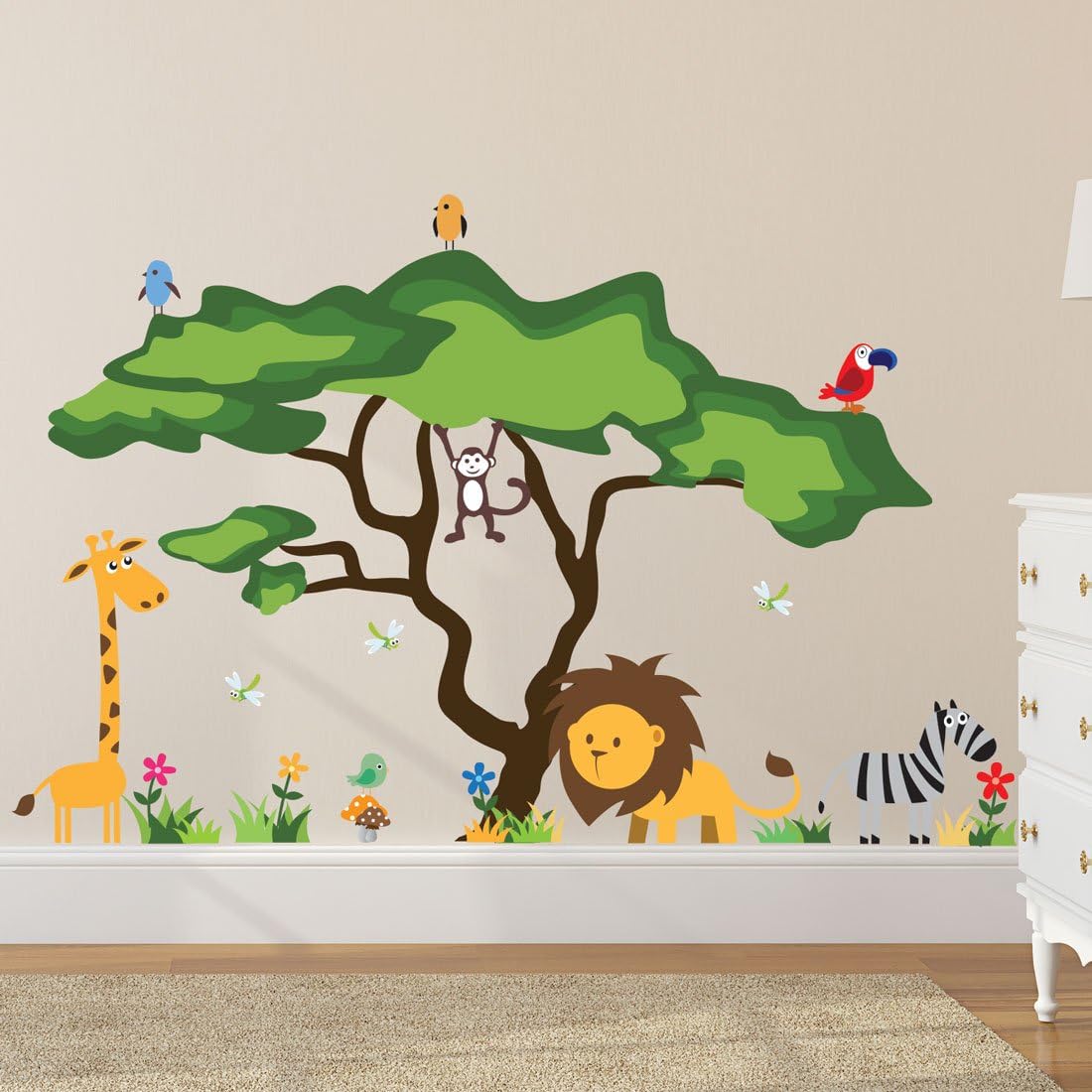 TIMBER ARTBOXCute Safari Baby Nursery Decor โ Jungle Kids Wall Decals โ Animals Wall Stickers for Toddlers, Boys & Girls Room, Bedroom โ Kawaii Forest Theme Daycare, Classroom & Playroom Decor