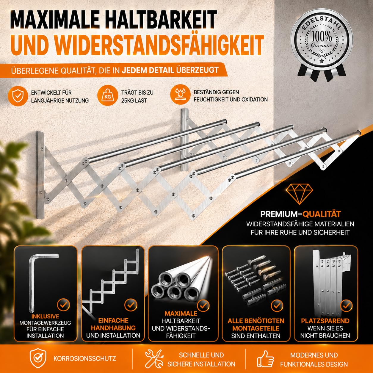TEHORNEO Wäscheständer Wandmontage 100 cm, Wäschetrockner Wand aus Edelstahl, Wandtrockner Ausziehbar, Wäscheständer Wand, Wandwäschetrockner, Wandtrockner Ausziehbar 25 kg Tragfähigkeit
