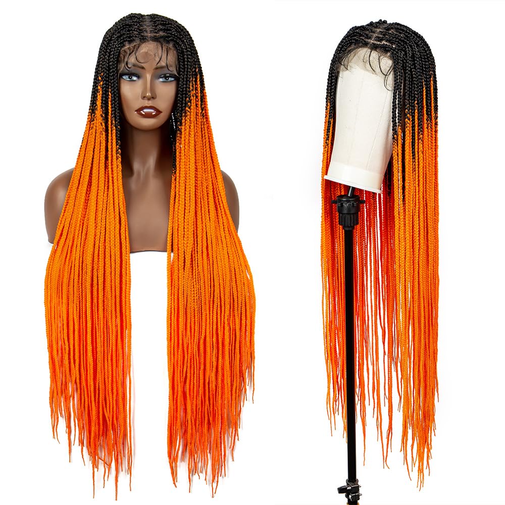 sedittyhairColorful Synthetic HD Transparent Full Double Lace Wig Braided Wigs for Black Women 36 Inches Hand Braiding Hair Square Knotless Box Cornrow Braids Wigs with Baby Hair (Black/Orange)