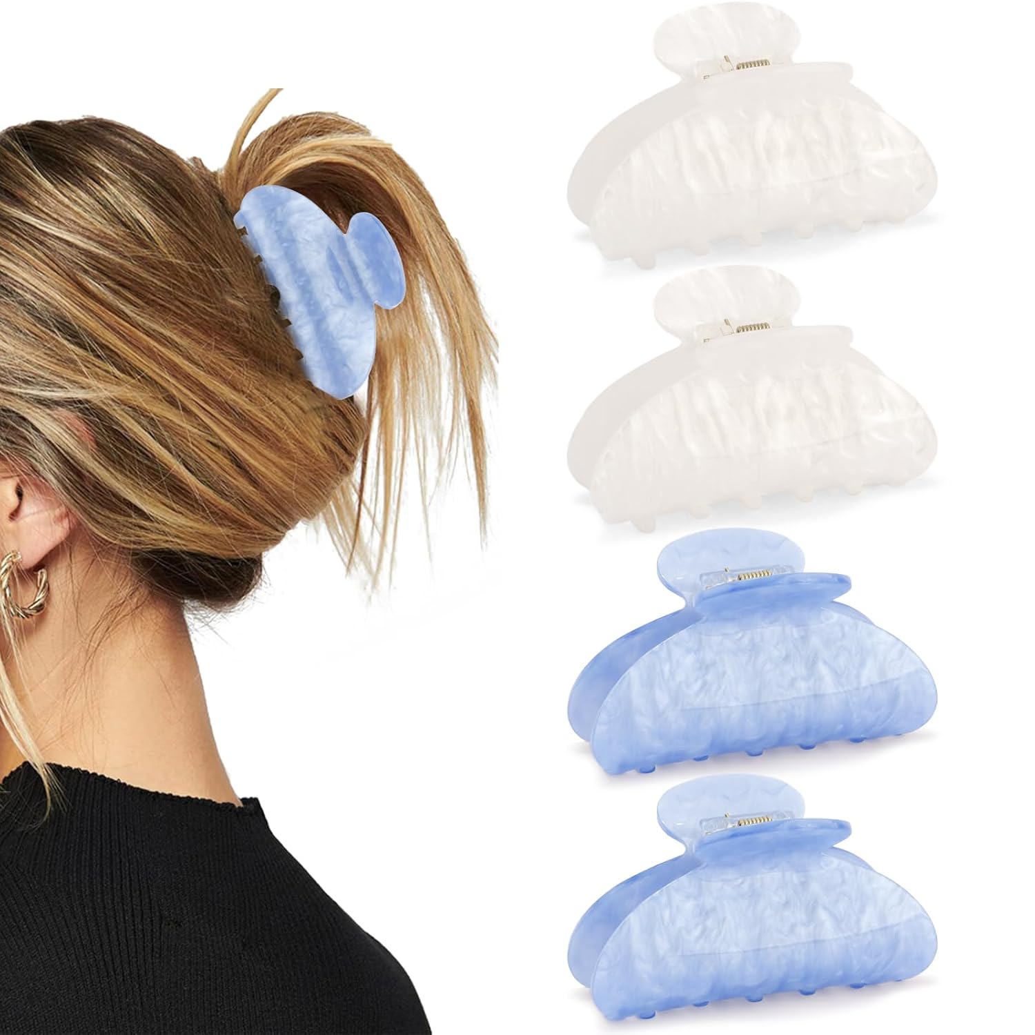 4Pcs Acrylic Claw Clips for Women Hair Accessories, Medium Sized Cute Trendy Claw Clips for Thick Thin Hair (White, Blue) - Image 7