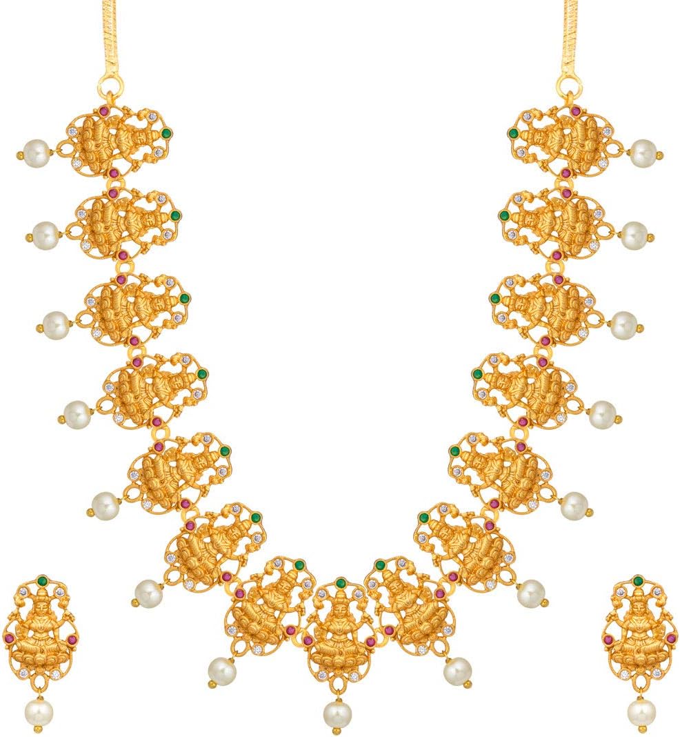 Aheli Traditional South Indian Bridal Necklace with Earrings Temple Bharatanatyam jewelry set for Women