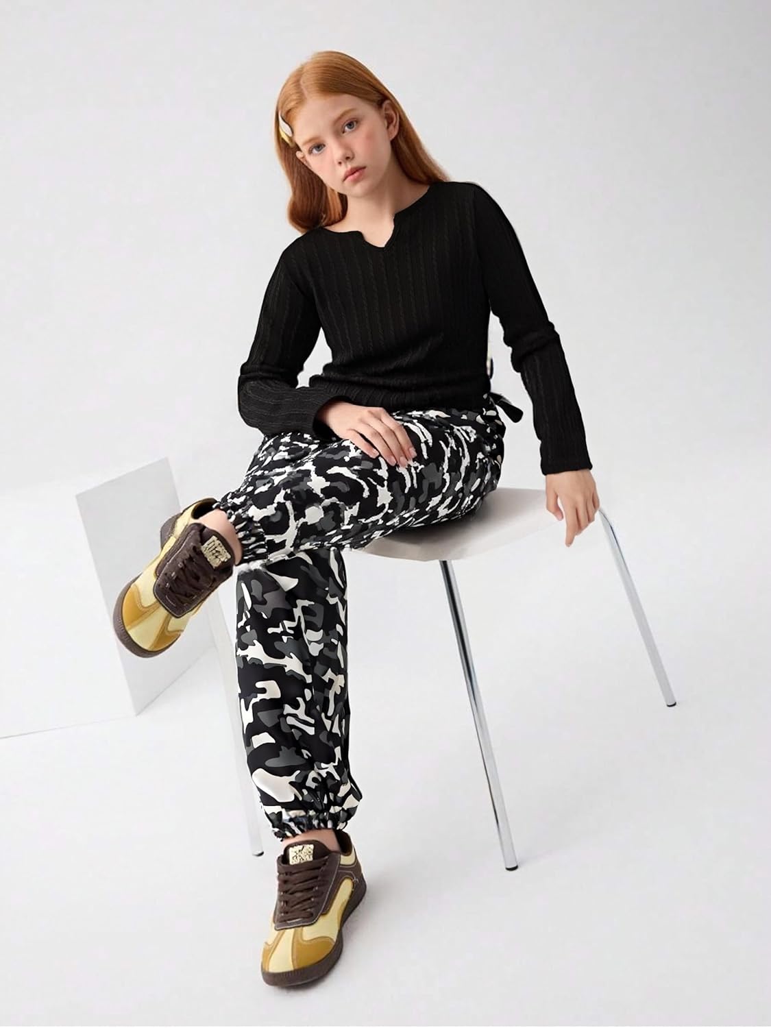 Girls' Clothes Long Sleeve Ribbed Knit Ruched Tops & Camo Jogger Pants Sets Fall Outfits with Pockets Size 6-14Y - Image 3