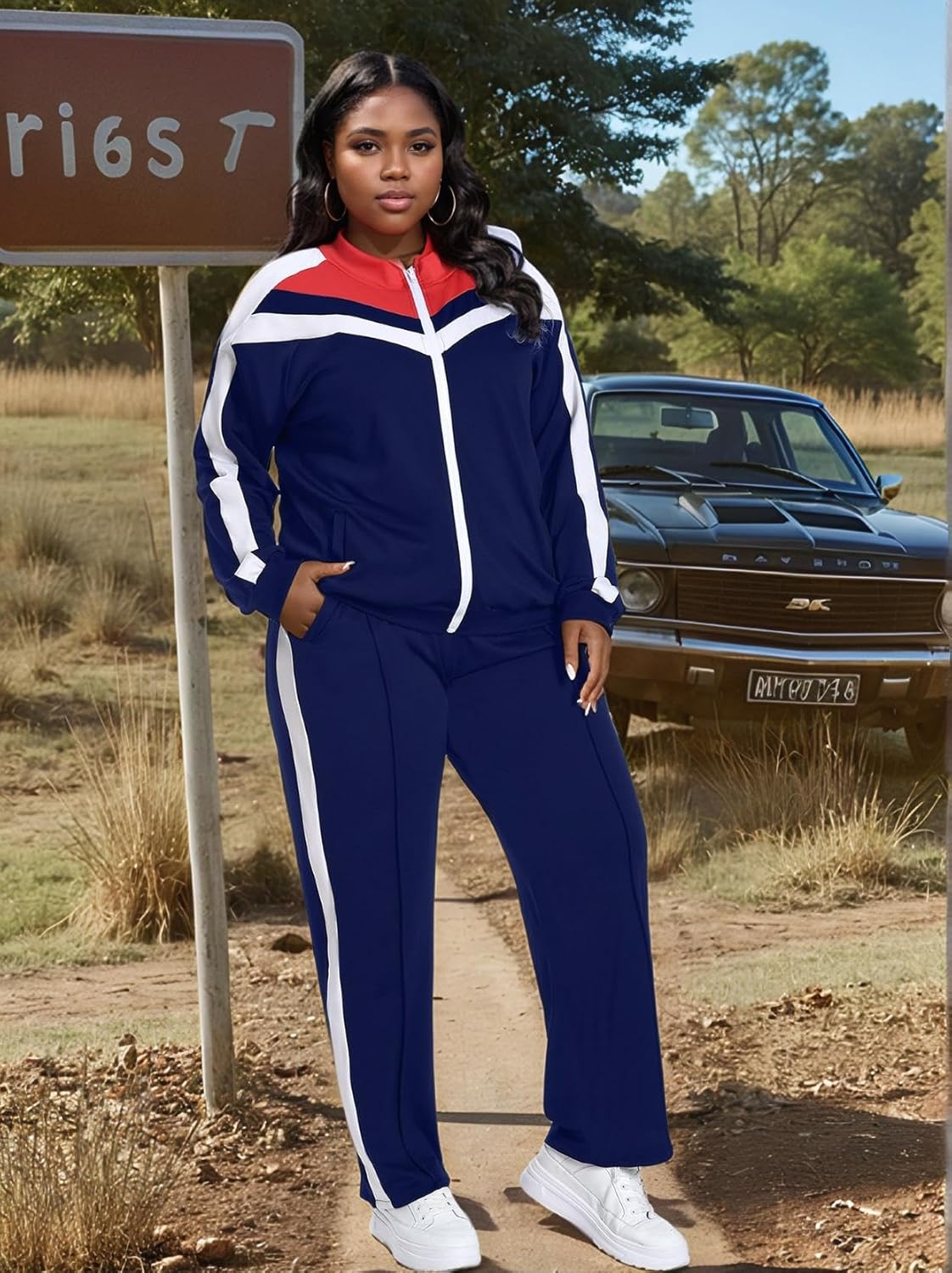 UOUA Women's Plus Size Jogging Suit 2 Piece Sweatsuit Long Sleeves Jacket & Pants Two Piece Track Set Outfit - Image 3