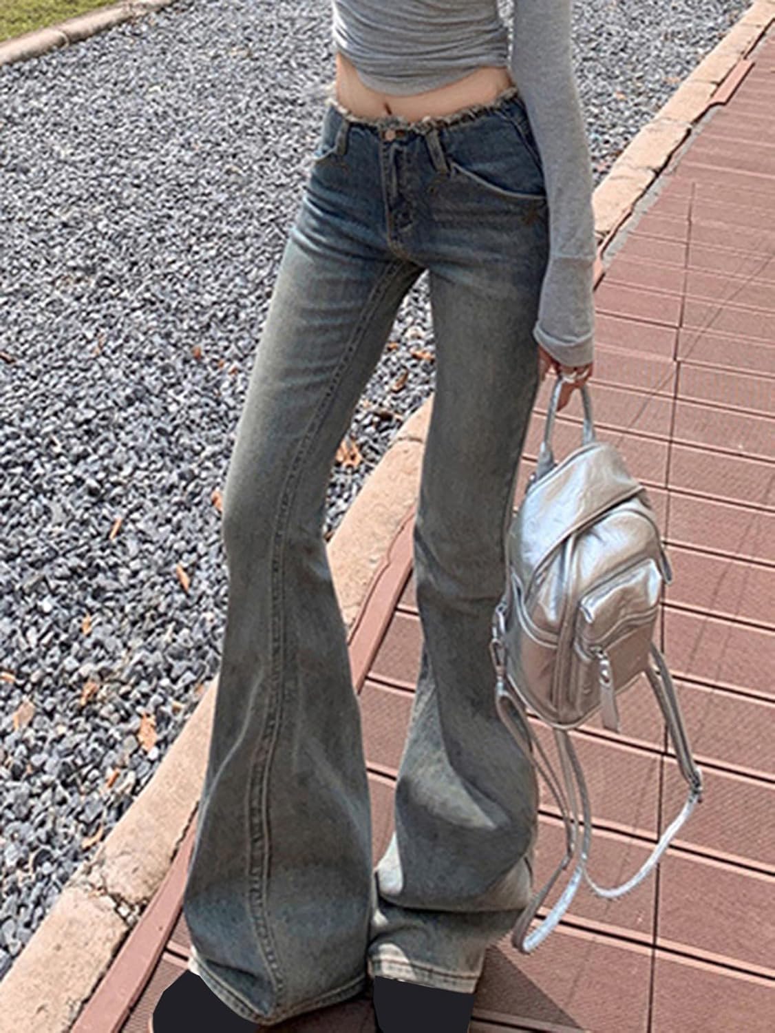 [MeipingQu] フレアパンツ デニム レディース スキニー 美脚 脚長 ストレッチ ジーンズ ポケット ボトムス フレアデニ