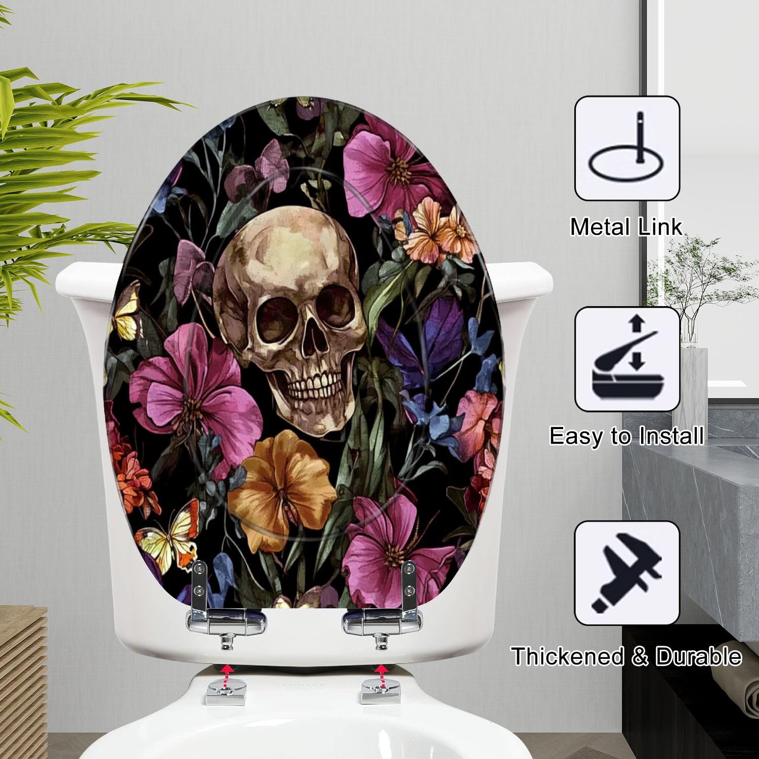 Sedile WC Allungato Decorativo In Resina con Copriwater: Teschio Ricamato, Farfalla E Fiore Tropicale, Chiusura Lenta E Silenziosa, Cerniere A Sgancio Rapido, Facile Da Pulire E Installare.