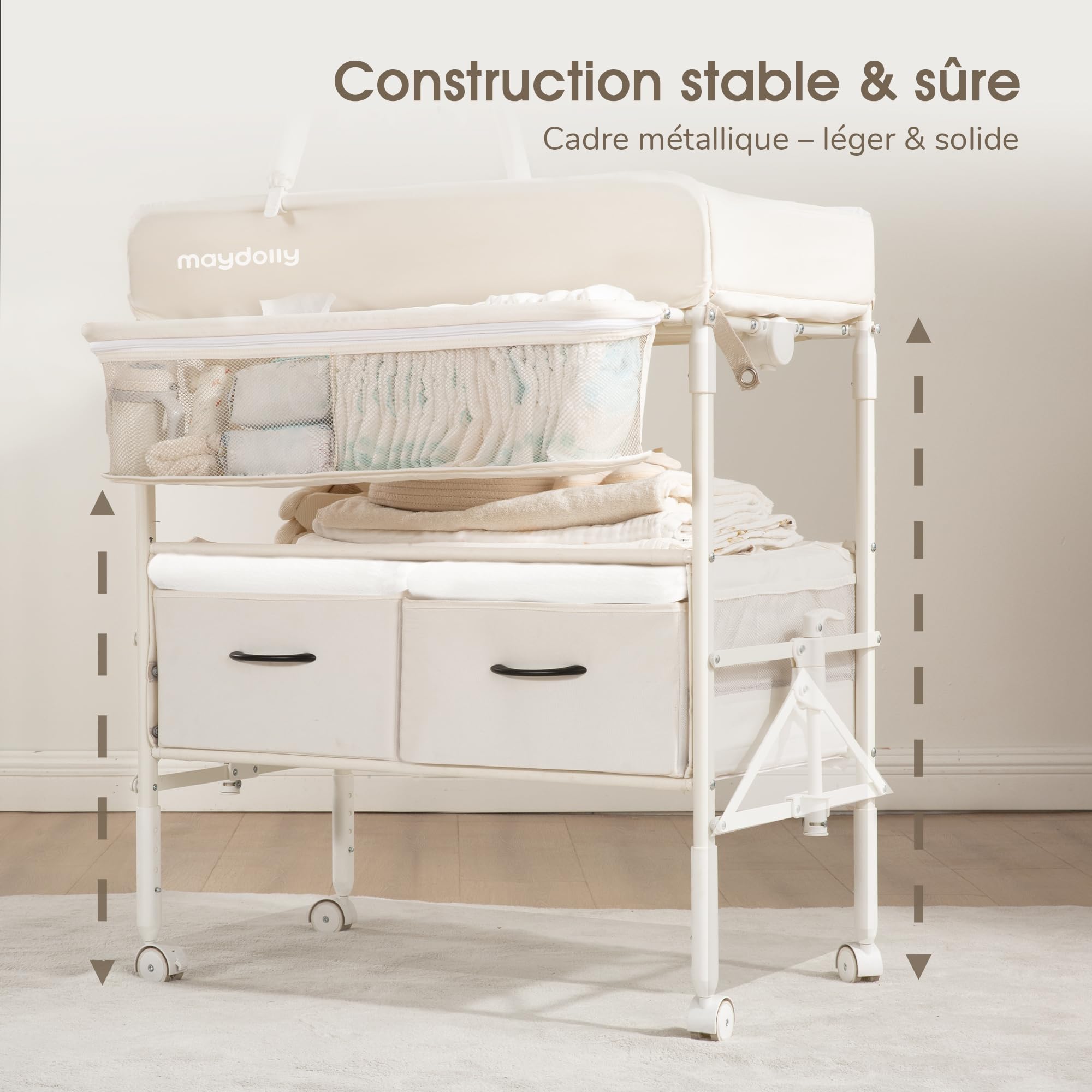 Maydolly Table à Langer Bébé Pliante avec Roulettes - Hauteur Réglable, Plan à Langer Mobile avec Matelas Imperméable & Grand Rangement, Structure Stable pour Nouveau-né, Beige