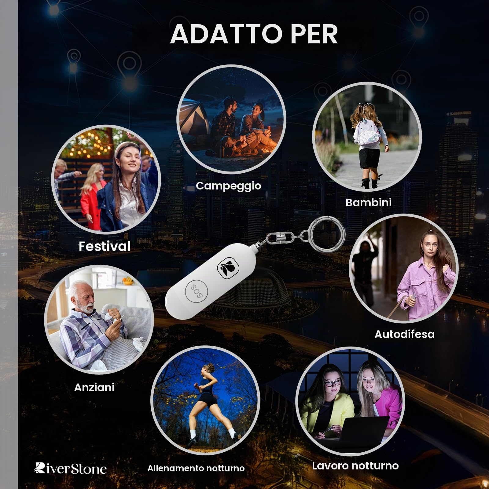 River Stone Allarme di Sicurezza Personale 130dB per Apple FindMy iOS (14.5+) Porta Chiavi Localizzatore Anti-aggressione, Sirena di Emergenza per Donna Bambino Anziano, Localizzazione, Auto-difesa