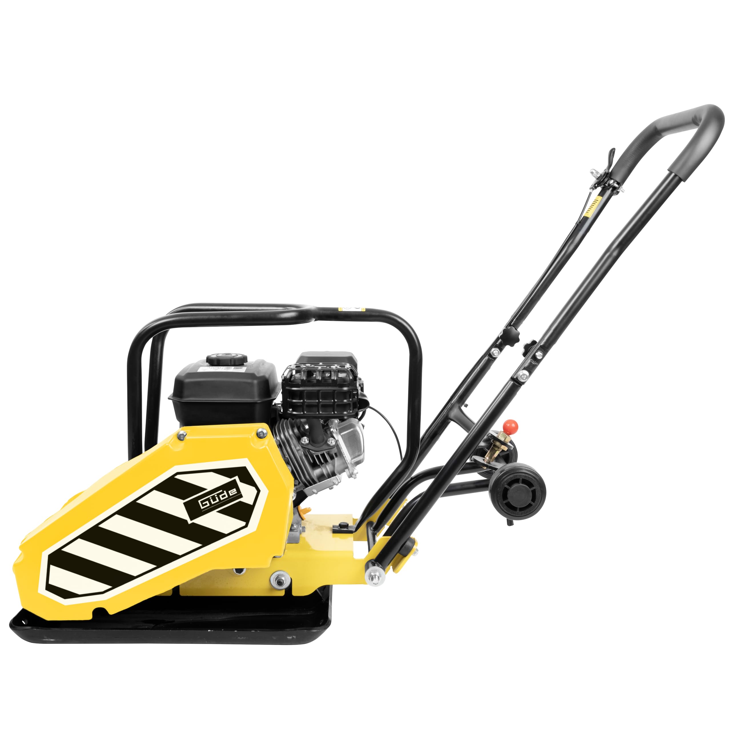 Güde GRP 80E Rüttelplatte - 4-Takt-Motor, 196 Kubikzentimeter Hubraum, 4,1 Kilowatt, 5,5 PS, 42 x 52 Zentimeter Arbeitsplatte, 14 kN Verdichtungsdruck, 20 m/min Vorlauf, Polyurethanmatte, Fahrwerk