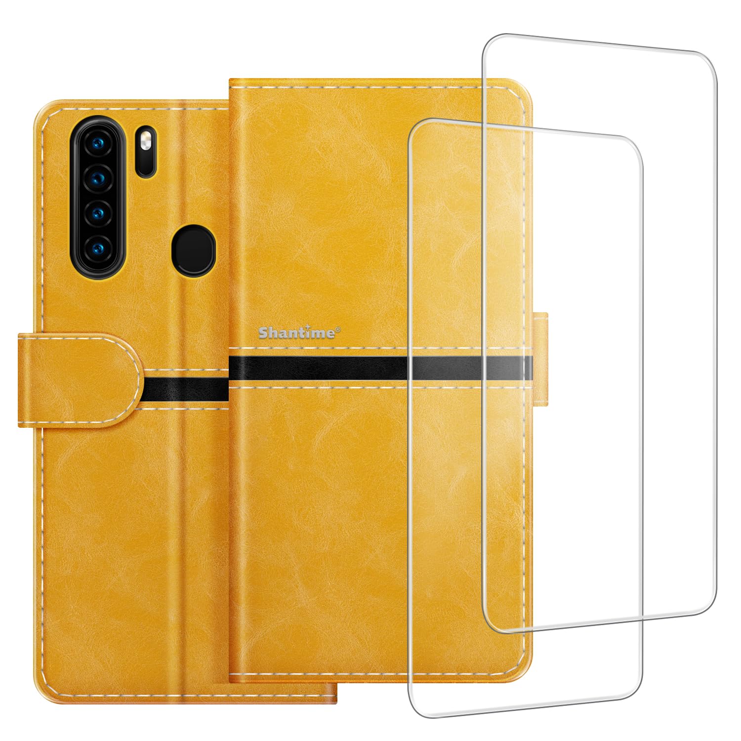 Phone Case Compatible with Blackview A80 Pro + [2 Pack] Screen Protector Glass Film, Premium Leather Magnetic Protective Case Cover for iGET Blackview GA80 Pro (6.49 inches) Gold