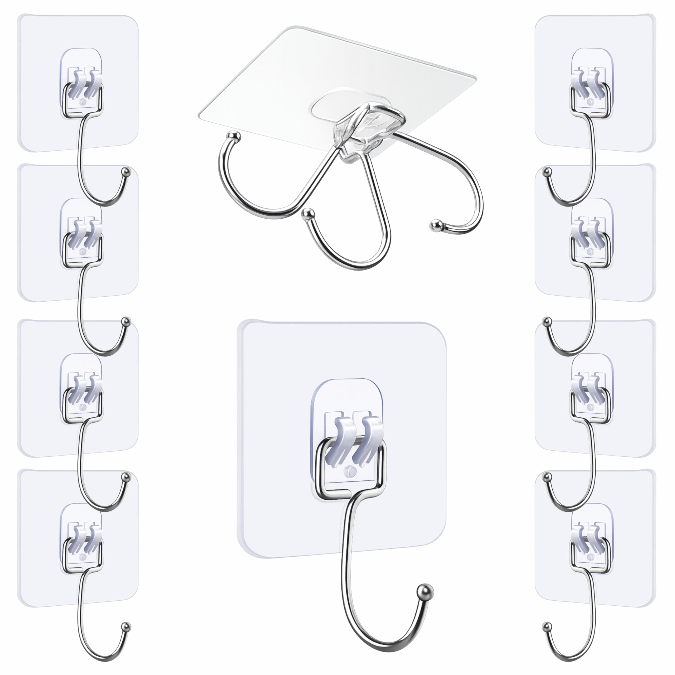 JIALTO 10 Pcs Heavy Duty Adhesive Big Hooks Set - Waterproof Stainless Steel Hooks for Bathroom, Kitchen, Home & Office - Rustproof Towel and Coat Hangers