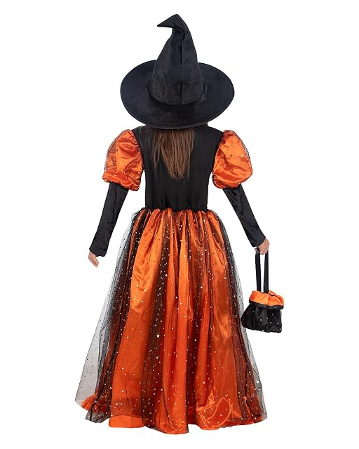 Foto 3 de 6 de Funidelia Disfraz de bruja Premium para niña, Incluye vestido, sombrero y bolso Talla 10-12 años, Magos