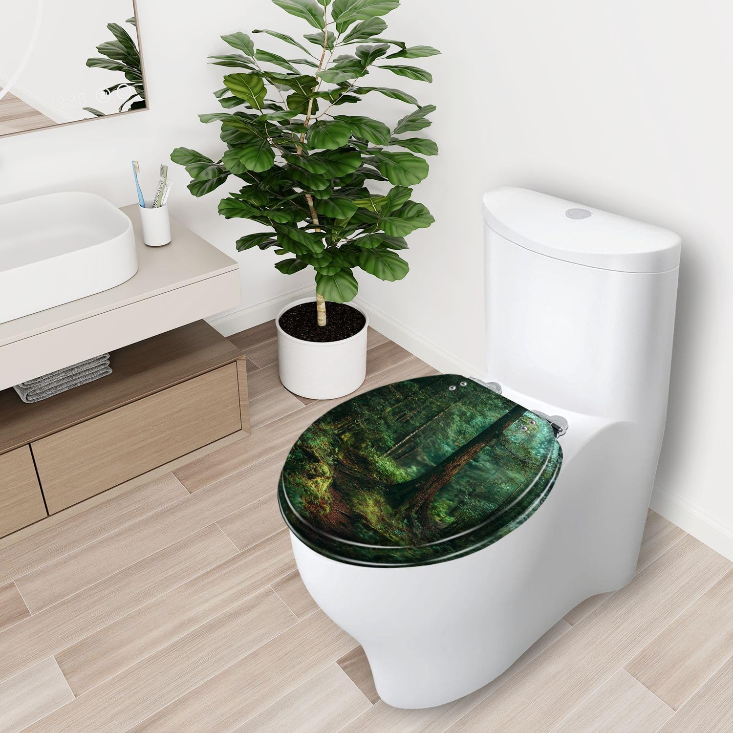 Round Toilet Seat Trail dark green forest mossy overgrown Resin Toilet Seat Slow Quiet Close with Quick-Release Hinges Toilet Seat with Cover Easy to Clean Install