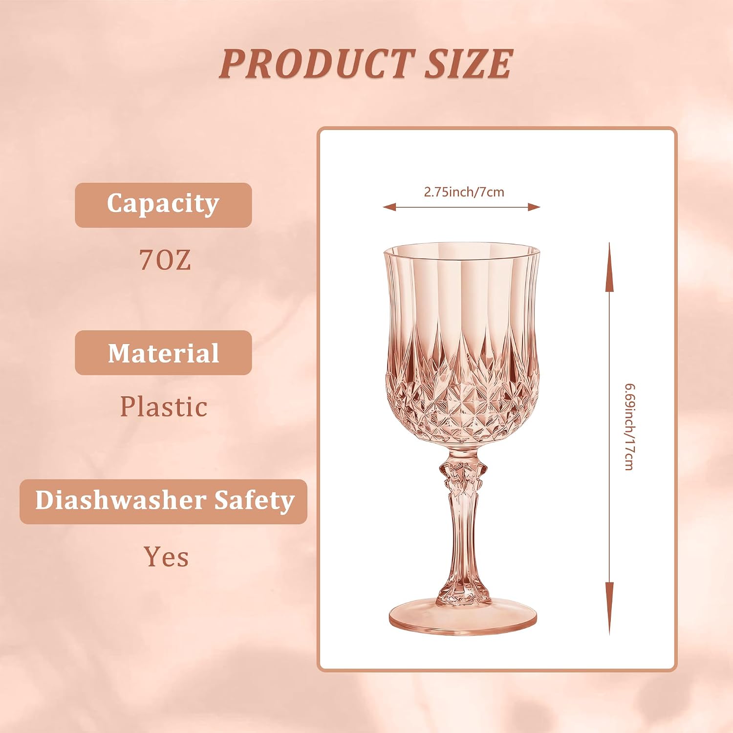 7OZ Plastic Wine Glasses, Reusable Vintage Goblets Unbreakable Drinking Glasses Crystal Water Cups Champagne for Wedding, Parties (48, Rose Gold)