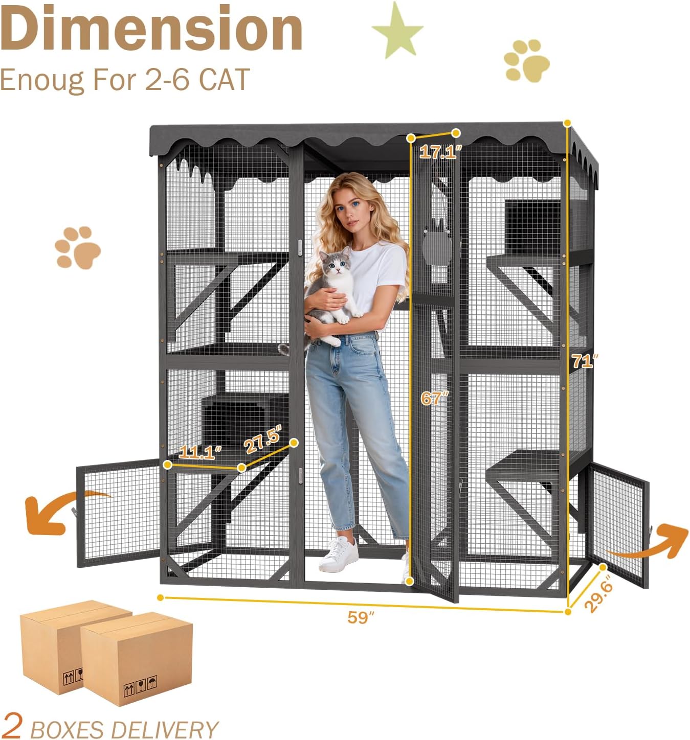 71 Inch Large Catio Outdoor Cat Enclosure for Multiple Cats, Walk-in Cat House with Window Access, 7 Platforms & 2 Resting Boxes, Waterproof & UV-Resistant Roof, Outdoor Kitty Cage (Grey)