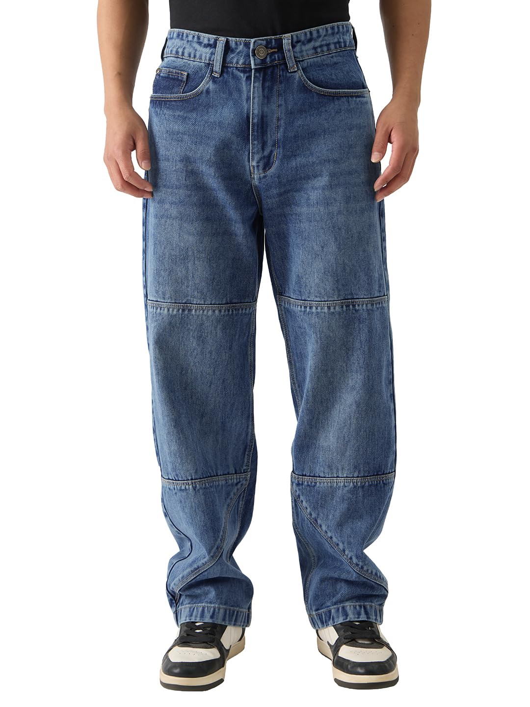 The Souled Store Cyan Men and Boys Solid Cotton Baggy Fit Jeans Pants Trousers Regular Fit Straight Leg Stretchable Comfor