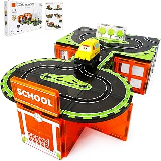 Mini Magnetic Tiles Road Set, School Building Blocks with Motorized Car, Battery-Powered Track Toy, STEM Sensory Travel Gifts for Kids 3+